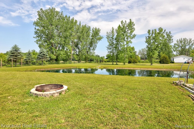 5490 Rupprecht Rd, Vassar, MI 48768 - view of green lawn featuring an outdoor fire pit and a water view