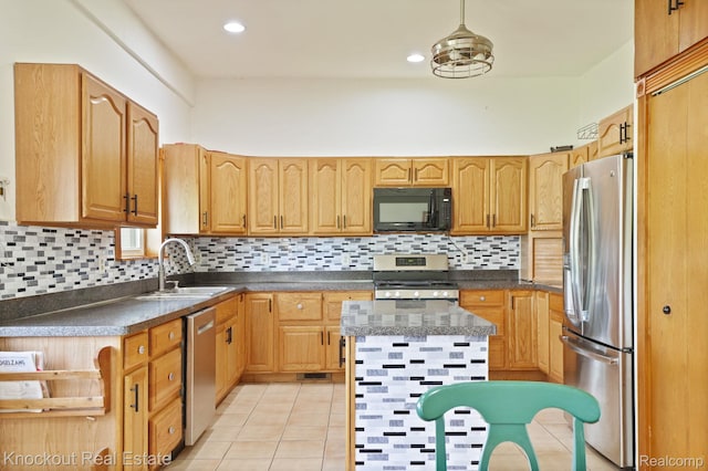 5490 Rupprecht Rd, Vassar, MI 48768 - kitchen with appliances with stainless steel finishes, dark countertops, light tile patterned floors, decorative backsplash, and recessed lighting