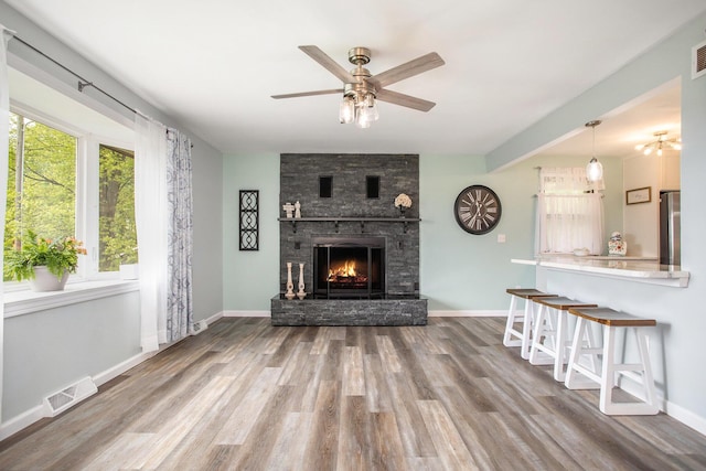 7920 8 1/2 Mile Rd, Ceresco, MI 49033 - living room with a ceiling fan, wood finished floors, and a fireplace