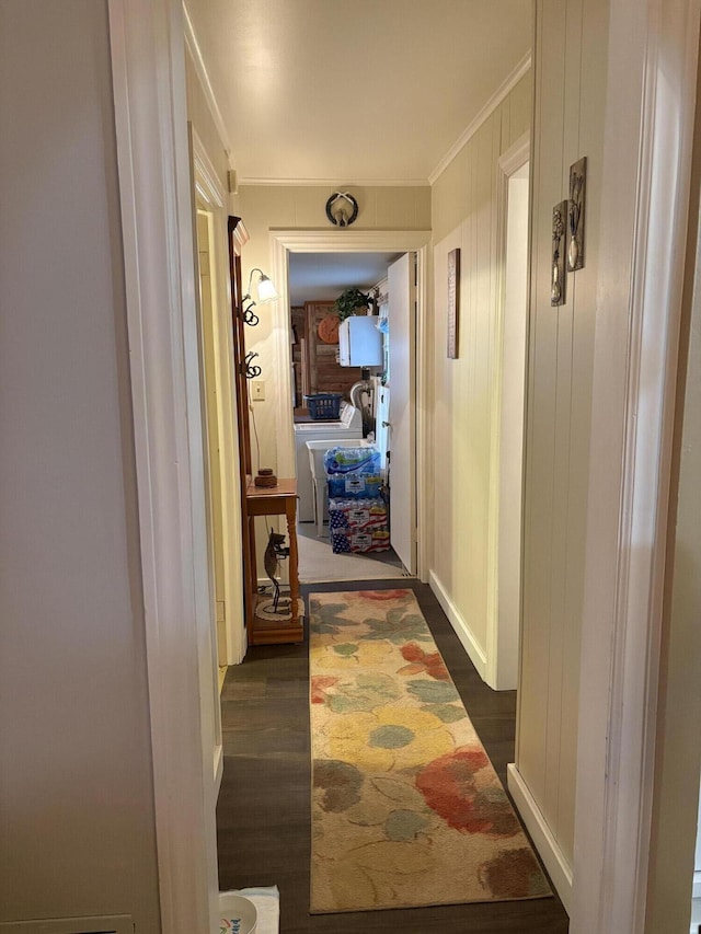 2065 Reggie Dr, Benton Harbor, MI 49022 - hallway with dark wood-style flooring and ornamental molding