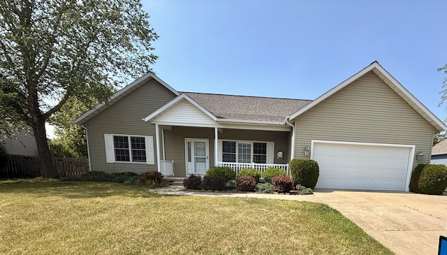 5798 Wacker Dr, Stevensville, MI 49127 - ranch-style house with concrete driveway, covered porch, a garage, and a shingled roof