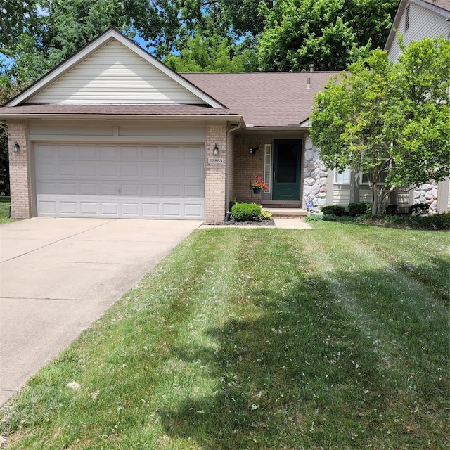 22865 Woodcreek Dr, Taylor, MI 48180 - ranch-style home featuring brick siding, an attached garage, concrete driveway, a front yard, and a shingled roof