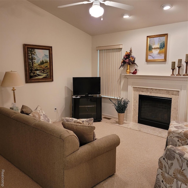 22865 Woodcreek Dr, Taylor, MI 48180 - living area featuring carpet, ceiling fan, a high end fireplace, lofted ceiling, and recessed lighting