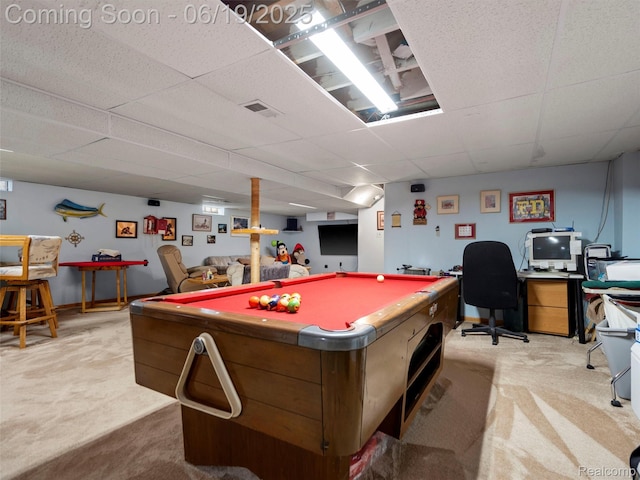 436 Orchard St, Wyandotte, MI 48192 - recreation room featuring light colored carpet, a drop ceiling, and billiards table
