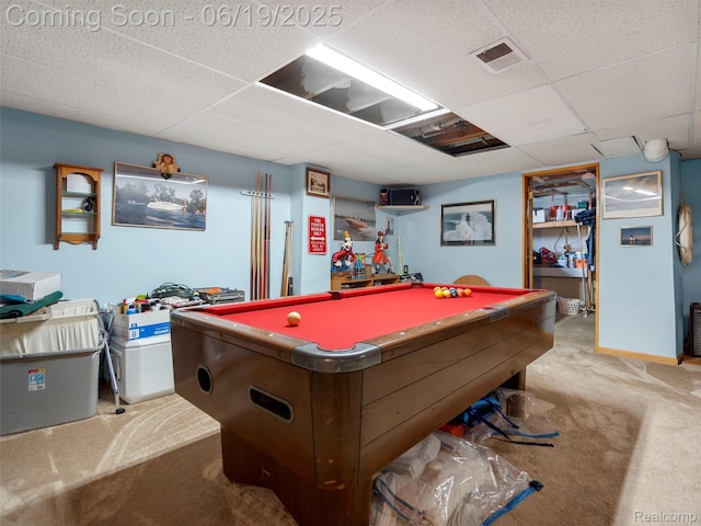 436 Orchard St, Wyandotte, MI 48192 - playroom featuring a paneled ceiling, carpet floors, and billiards