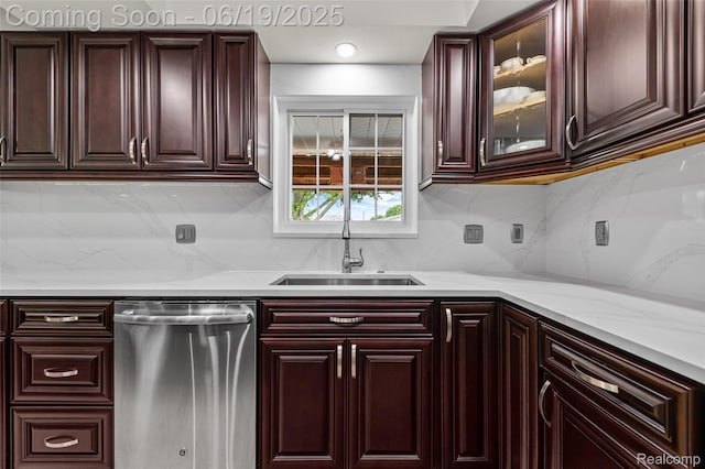 49775 Keycove St, Chesterfield, MI 48047 - kitchen featuring stainless steel dishwasher, glass insert cabinets, backsplash, dark brown cabinets, and light stone counters