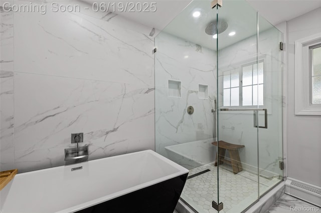 49775 Keycove St, Chesterfield, MI 48047 - bathroom with marble finish floors, baseboard heating, a soaking tub, a marble finish shower, and recessed lighting
