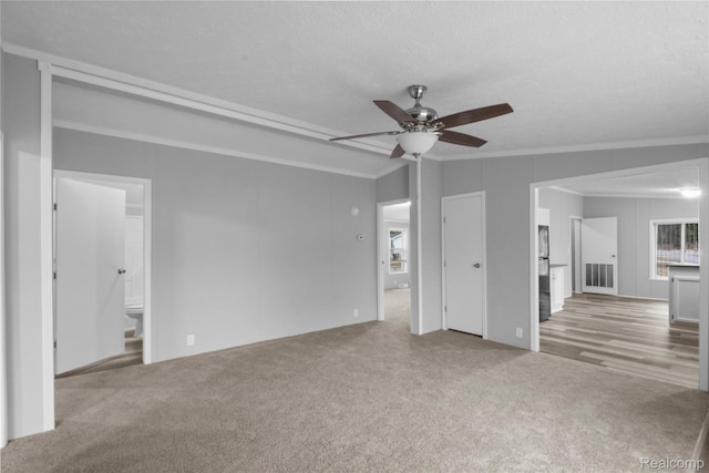 39500 W Warren Rd, Canton, MI 48187 - unfurnished living room featuring a ceiling fan, carpet flooring, and crown molding
