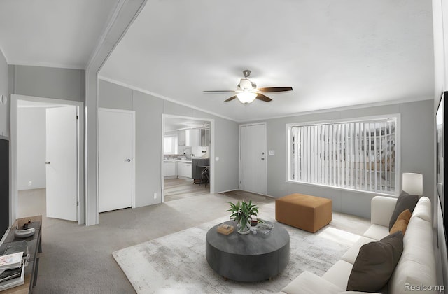 39500 W Warren Rd, Canton, MI 48187 - living room with ornamental molding, ceiling fan, light colored carpet, and lofted ceiling