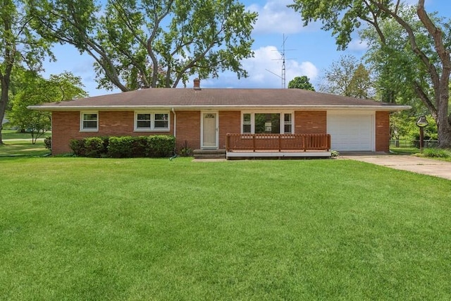 3202 Niles Buchanan Rd, Buchanan, MI 49107 - ranch-style home with driveway, a garage, a front lawn, brick siding, and a chimney