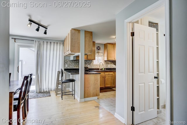 3626 Prairie Ave, Berkley, MI 48072 - kitchen with dark countertops, tasteful backsplash, light wood-type flooring, brown cabinets, and rail lighting
