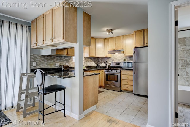 3626 Prairie Ave, Berkley, MI 48072 - kitchen with appliances with stainless steel finishes, under cabinet range hood, a peninsula, tasteful backsplash, and a kitchen breakfast bar