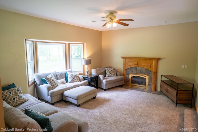 3485 Burrus Ct, Ortonville, MI 48462 - living room featuring ceiling fan, carpet, and a fireplace