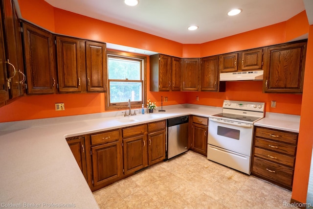 3485 Burrus Ct, Ortonville, MI 48462 - kitchen with stainless steel dishwasher, white electric range oven, under cabinet range hood, light countertops, and recessed lighting