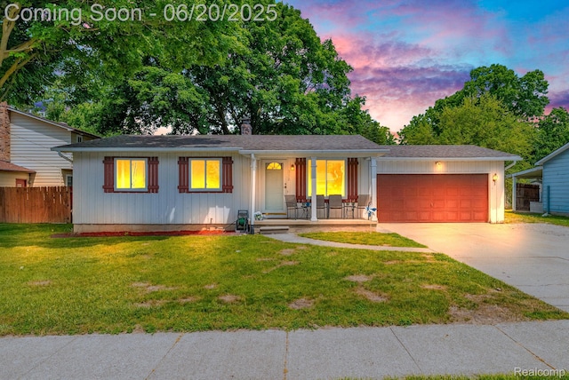 312 Airport Dr, Holly, MI 48442 - ranch-style house with a porch, a garage, concrete driveway, a chimney, and board and batten siding