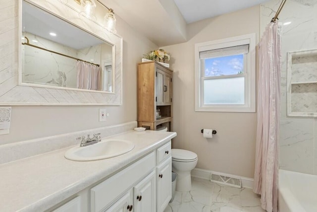 3108 Kim St, Saint Joseph, MI 49085 - bathroom with vanity, marble look tile flooring, and shower / bath combination with curtain