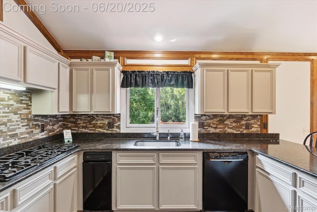 2386 Sherlock Trl, Highland, MI 48356 - kitchen with black appliances, backsplash, and dark stone counters