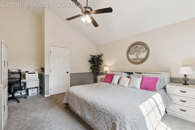 2386 Sherlock Trl, Highland, MI 48356 - carpeted bedroom featuring an office area, ceiling fan, and high vaulted ceiling