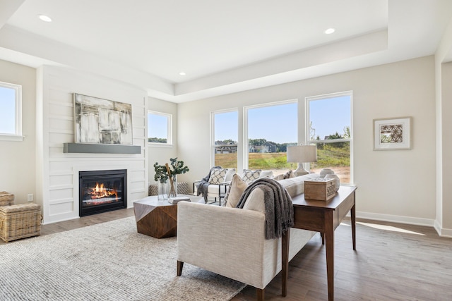 8167 Turning Stone, Kalamazoo, MI 49009 - living room featuring healthy amount of natural light, wood finished floors, a fireplace, recessed lighting, and a raised ceiling