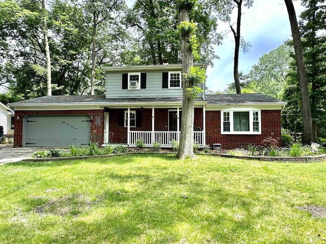 8464 Keitha Dr, Lambertville, MI 48144 - traditional-style house with a porch, brick siding, a garage, a front yard, and driveway