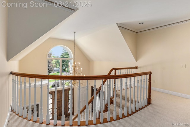 5387 Bristol Parke Dr, Clarkston, MI 48348 - staircase with a chandelier, carpet floors, and lofted ceiling