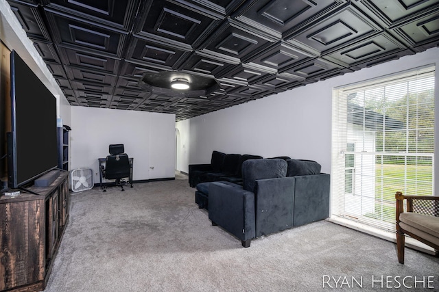 10340 Kartz Rd, Greenville, MI 48838 - living room featuring light colored carpet, an ornate ceiling, healthy amount of natural light, and an office area