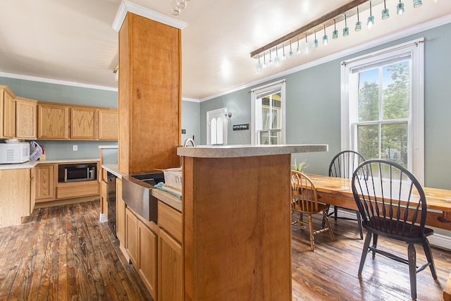 390 W Muskegon Ave, Muskegon, MI 49440 - kitchen featuring stainless steel microwave, white microwave, ornamental molding, dark wood-type flooring, and light countertops