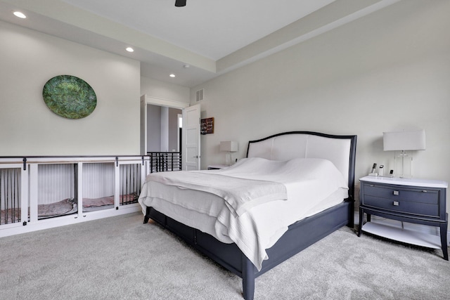 7074 S Ainger Rd, Olivet, MI 49076 - bedroom with light carpet, recessed lighting, and a ceiling fan