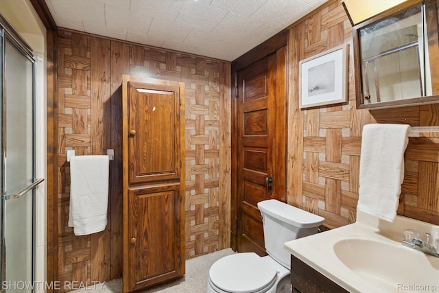 34 Charles St, Hillsdale, MI 49242 - bathroom featuring wood walls, vanity, and an enclosed shower