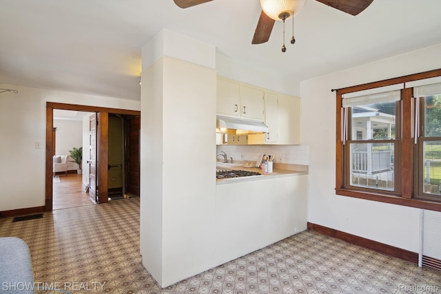 34 Charles St, Hillsdale, MI 49242 - kitchen with a ceiling fan, light countertops, light floors, and decorative backsplash