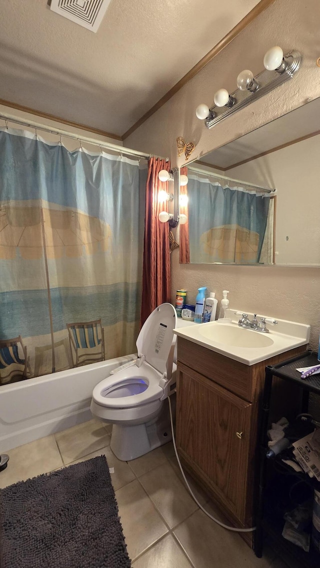 211 Skocelas Rd N, Manistee, MI 49660 - full bath featuring tile patterned floors, vanity, shower / bath combination with curtain, and a textured ceiling
