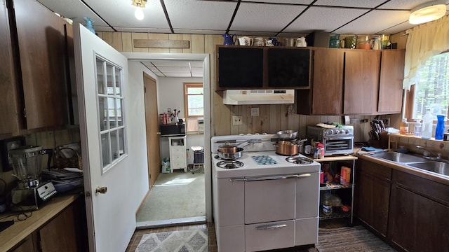 211 Skocelas Rd N, Manistee, MI 49660 - kitchen featuring white range with gas cooktop, under cabinet range hood, wooden walls, black microwave, and healthy amount of natural light