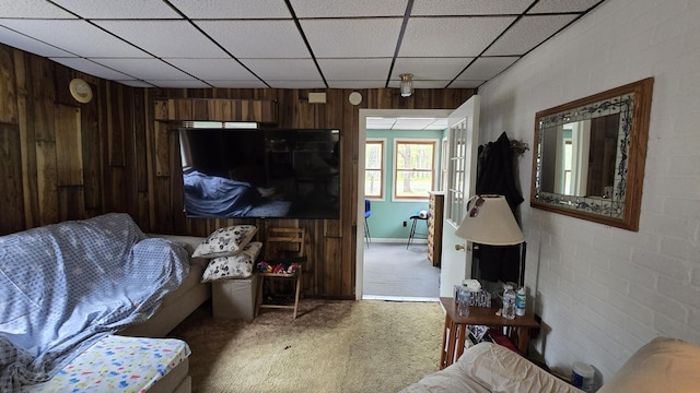 211 Skocelas Rd N, Manistee, MI 49660 - living room featuring carpet, wooden walls, and a paneled ceiling