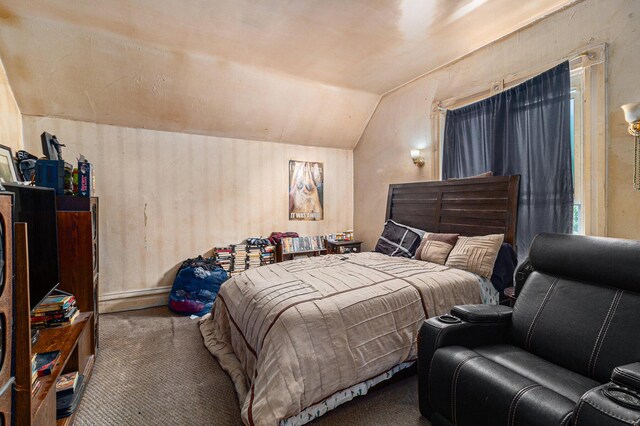 724 E Ludington Ave, Ludington, MI 49431 - bedroom featuring carpet flooring, lofted ceiling, and a baseboard heating unit