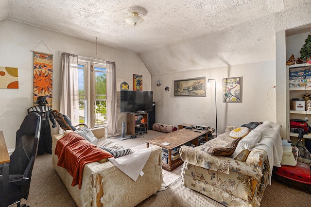 724 E Ludington Ave, Ludington, MI 49431 - carpeted living room featuring lofted ceiling and a textured ceiling