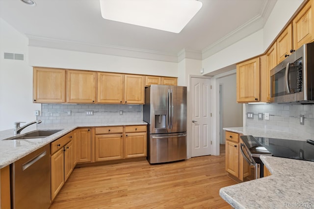 1921 Dunham Dr, Rochester, MI 48306 - kitchen with appliances with stainless steel finishes, ornamental molding, tasteful backsplash, light wood-type flooring, and light stone countertops