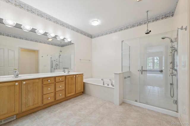 1921 Dunham Dr, Rochester, MI 48306 - full bathroom with a garden tub, a stall shower, double vanity, and tile patterned flooring