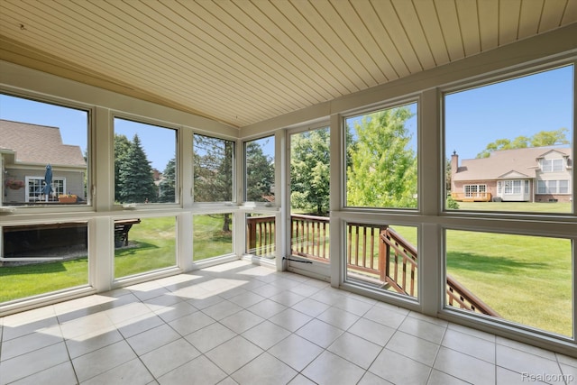 1921 Dunham Dr, Rochester, MI 48306 - unfurnished sunroom featuring tile patterned floors, plenty of natural light, and wooden ceiling