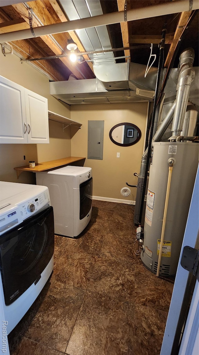 29390 Juniper St, Trenton, MI 48183 - laundry room featuring electric panel, cabinet space, washer and dryer, and gas water heater