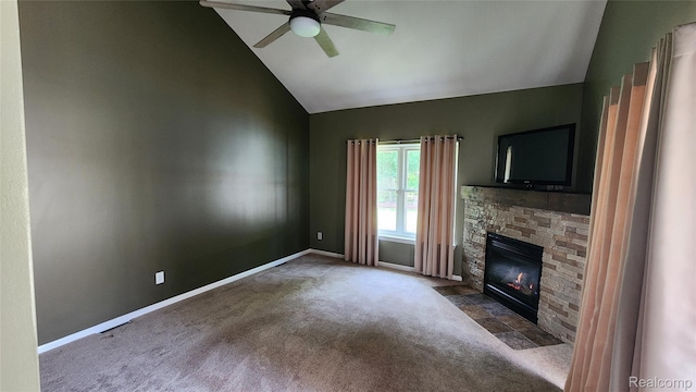 29390 Juniper St, Trenton, MI 48183 - unfurnished living room with a ceiling fan, carpet, a fireplace, and high vaulted ceiling