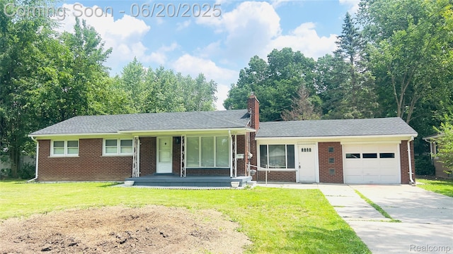 23930 Eureka Ave, Warren, MI 48091 - ranch-style house featuring a garage, a porch, a front lawn, and brick siding