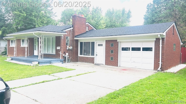 23930 Eureka Ave, Warren, MI 48091 - view of front facade featuring a garage, brick siding, a front lawn, and a chimney