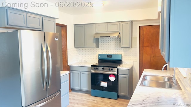 23930 Eureka Ave, Warren, MI 48091 - kitchen featuring appliances with stainless steel finishes, under cabinet range hood, gray cabinetry, and light countertops