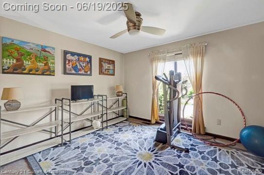 7190 Pebble Park Dr, West Bloomfield, MI 48322 - exercise area featuring ceiling fan and baseboards
