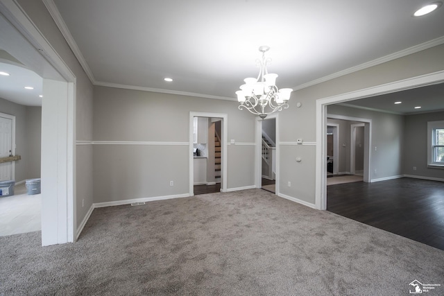901 Chicago Blvd, Detroit, MI 48202 - unfurnished room with carpet flooring, a chandelier, ornamental molding, stairs, and recessed lighting