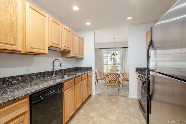 5959 Augusta Ln Unit 20, Grand Blanc, MI 48439 - kitchen with black appliances, light brown cabinets, recessed lighting, light carpet, and dark stone counters