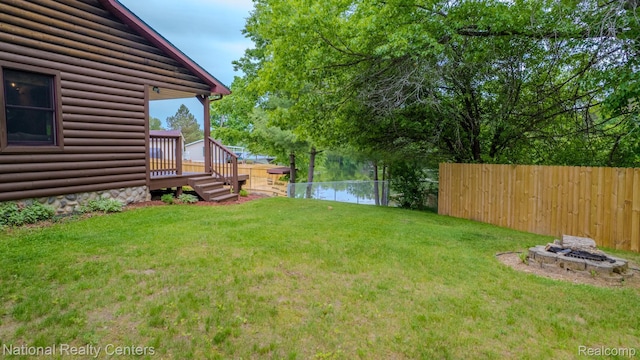 1471 Eldon Ct, Gladwin, MI 48624 - fenced backyard featuring an outdoor fire pit and a deck with water view