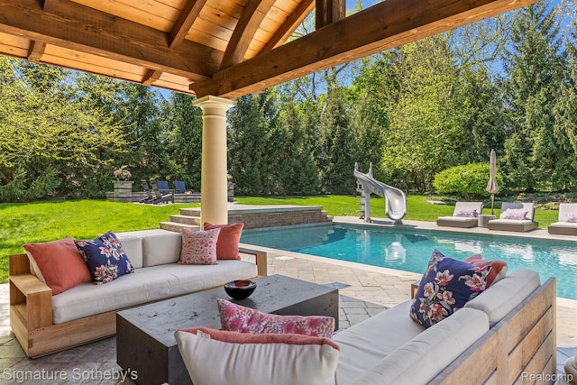 597 Yarboro Dr, Bloomfield Hills, MI 48304 - outdoor pool with an outdoor hangout area, a water slide, a patio, and a lawn