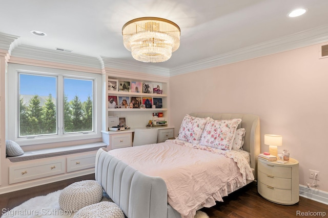 597 Yarboro Dr, Bloomfield Hills, MI 48304 - bedroom with a chandelier, crown molding, and dark wood-style flooring