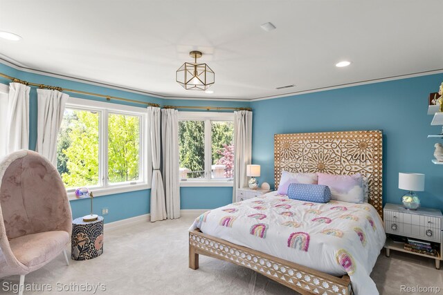 597 Yarboro Dr, Bloomfield Hills, MI 48304 - bedroom featuring carpet flooring, multiple windows, ornamental molding, and recessed lighting